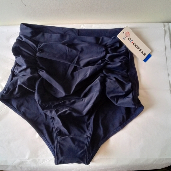 CoCopear NWT High Waisted Tummy Control Bikini Bottom Only Dark Navy Blue Size L - Picture 1 of 8